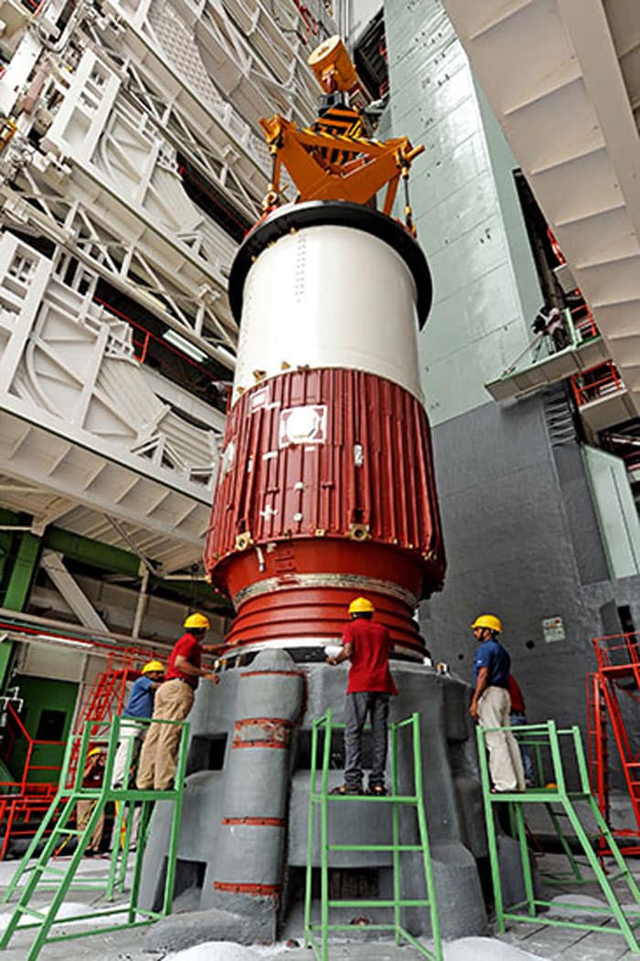 PSLV-C25 First Stage Nozzle End Segment being placed on the launch pedestal.<BR><BR>Photo Credit: ISRO