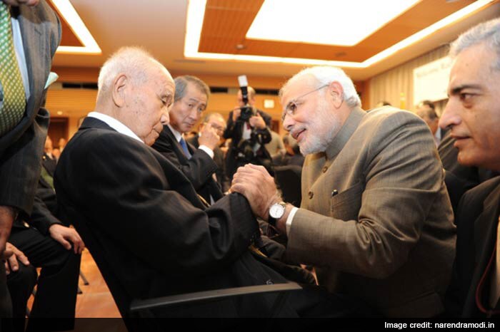 PM Modi with 99-year-old Saichiro Misumi, Netaji Subhash Chandra Bose's oldest living associate in Japan.