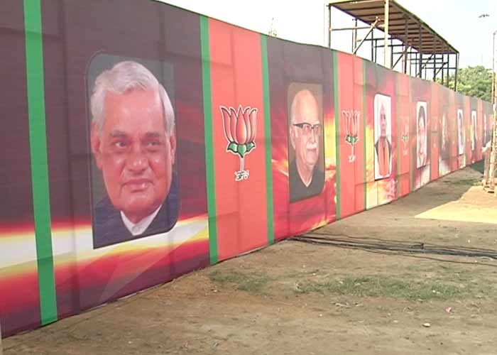 Posters of top BJP leaders, including Atal Bihari Vajpayee and LK Advani, adorn the walls at the venue of the rally.