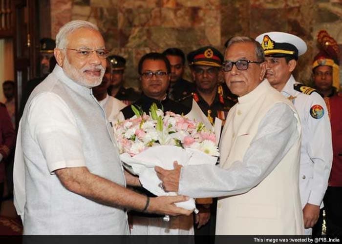 Bangladesh President Abdul Hamid received PM Narendra Modi at his residence, Bangabhawan.