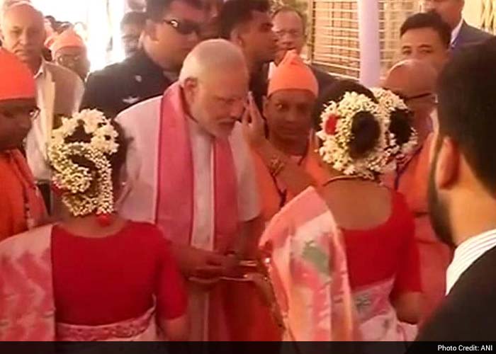 PM Modi arrives at the Ramakrishna Mission in Dhaka, Bangladesh.