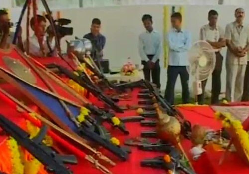 <em>Shastra Puja </em>is usually offered by those who traditionally carry weapons like soldiers and policemen.&nbsp; But since Modi is a civilian, some questions are being raised about how appropriate the ceremony was. Those upset allegedly include senior National Security Guard personnel, who point out that at no point should their men be required to hand over their arms to anyone. (NDTV Photo)