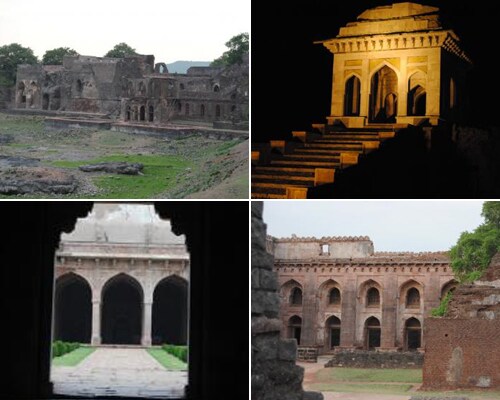 <b>Mandu's heritage: </b> Clockwise from top left: Hindola mahal, Roopmati's Palace, Ashrafi Mahal and The Jami Masjid.