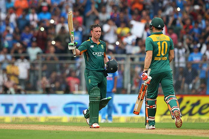Left-handed opener de Kock hit 109, de Villiers notched 119 and du Plessis smashed 133. It was only the second time in a one-day that a trio of batsmen from the same team made three figures.
