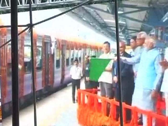 Prime Minister Narendra Modi today flagged off a new train from Katra in Jammu and Kashmir, the base for the Vaishno Devi shrine, which is expected to ease the pilgrim rush in Jammu city. This is Mr Modi's first visit to the state after becoming the Prime Minister.