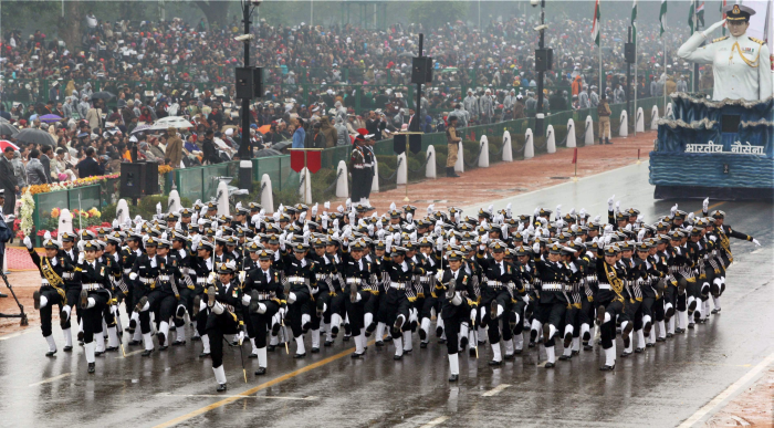 An all-women contingent from the Navy during the parade at Rajpath.