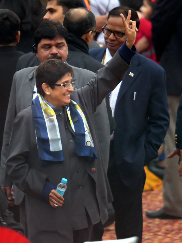 Spotted in the stands: India's first woman IPS officer Kiran Bedi in a raincoat.