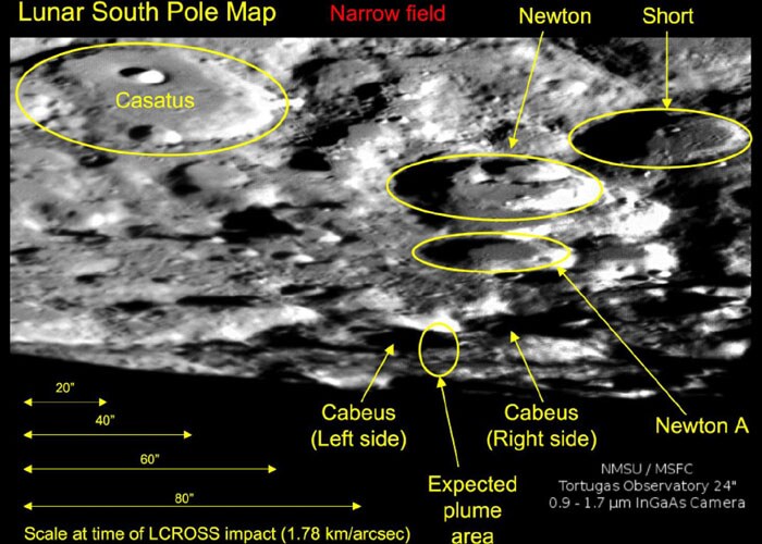 This NASA image shows a close-up of the lunar south pole with the Lunar Crater Observation and Sensing Satellite (LCROSS) target crater Cabeus at bottom-center. (AP Photo)