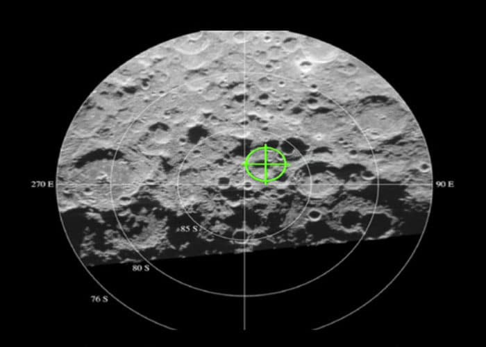 NASA targetted an area near the moon's south pole which is the &quot;dark side&quot; of the moon, in order to observe material that has been frozen in place for two billion years. (NASA Photo)