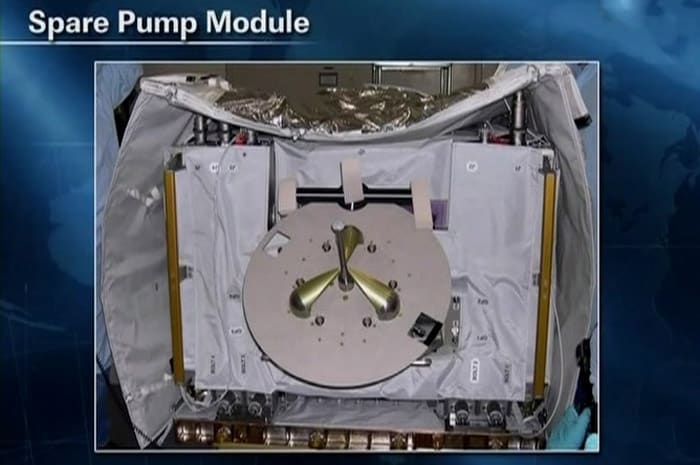 The electrical short is believed to be internal to the pump. Engineers believe a new pump will solve the problem, but there is no guarantee. Four spare pumps are on board.  (AP Photo)