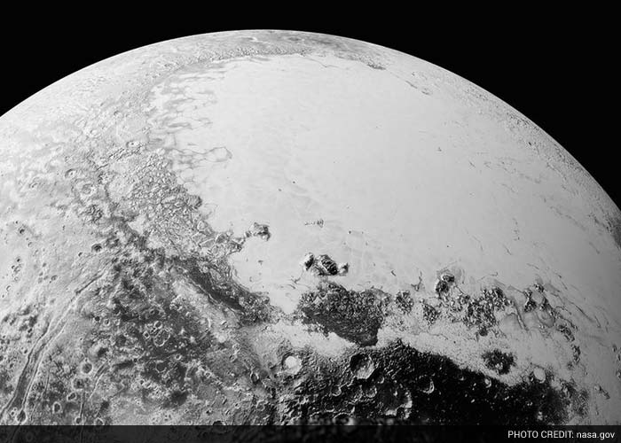 The image was taken from a distance of 11,000 miles (18,000 kilometers) to Pluto; the scene is 780 miles (1,250 kilometers) wide.(NASA/JHUAPL/SwRI)