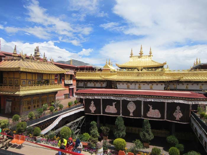 Another view of Jokhang Temple. Jokhang Temple was founded during the reign of king Songsten Gampo and was built for his two brides Princess Wencheng of the Chinese Tang dynasty and Princess Bhrikuti of Nepal.