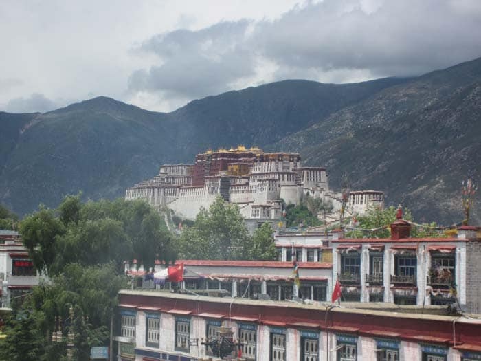 View of Potala Palace from Jokhang Temple. Potala Palace and Nokhang Temple are the two most popular tourist attaractions in Lhasa and both are part of UNESCO World Heritage Sites.