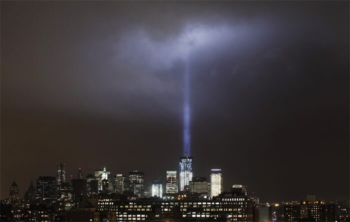 A test of the Tribute in Light rises above One World Trade Centre and lower Manhattan. (AP Photo)