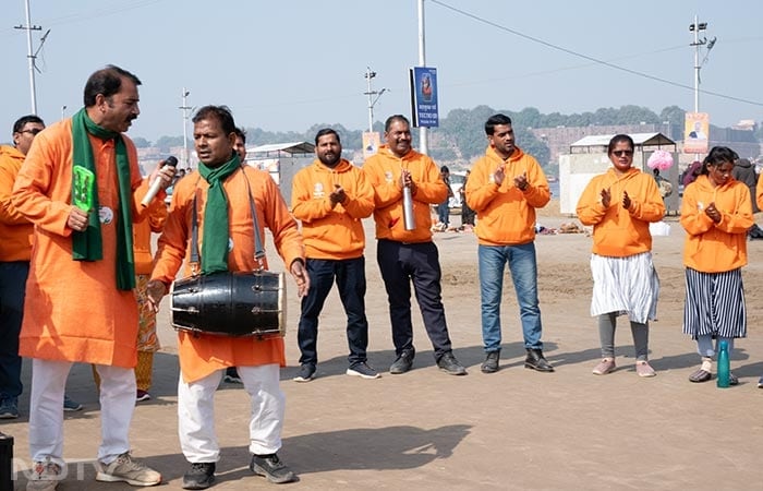 Every day, twice a day for 45 days, the Nukkad Natak team performs across the ghats and Akhadas. They guide pilgrims on how to wash hands before entering the Ganga, ensuring cleanliness without polluting the sacred water. Remember, it's not Dettol soap in the Ganga, but washing before.