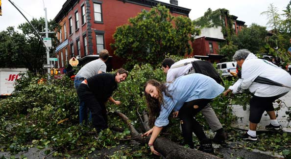 The storm and its aftereffects bore many of the hallmarks of a tornado, with the tops of countless trees sheared off and roofs blown off houses. <br><br>(NYT Photo)