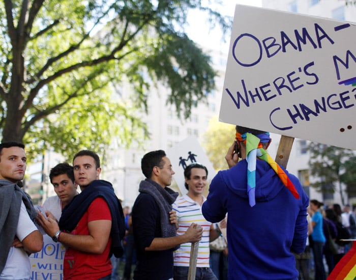 Gay rights demonstrators during the National Equality March in Washington, Sunday, October 11, 2009.