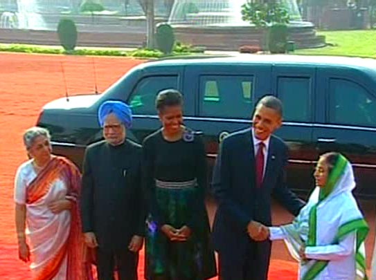 The Obamas are being greeted by President Pratibha Patil.