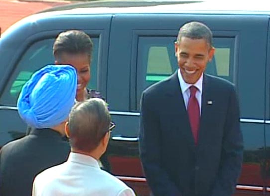 President Obama is all smiles.The Obamas look quite happy with the Indian hospitality.