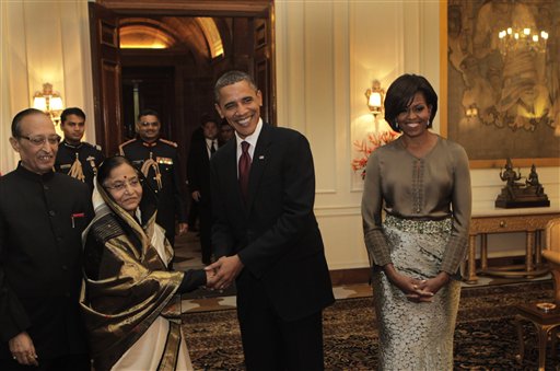 US President Barack Obama and First Lady Michelle Obama meet Indian President Pratibha Patil at the Rashtrapati Bhavan in New Delhi. (AP Photo)