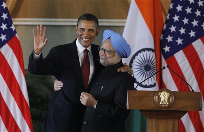 The camaraderie between the US President and the Indian Prime Minister was very evident. After their joint address Obama hugged Manmohan Singh and made it clear, yet again, for the benefit of all those present and for the world to see the importance he attaches to the relationship between the two countries. (AP Photo)