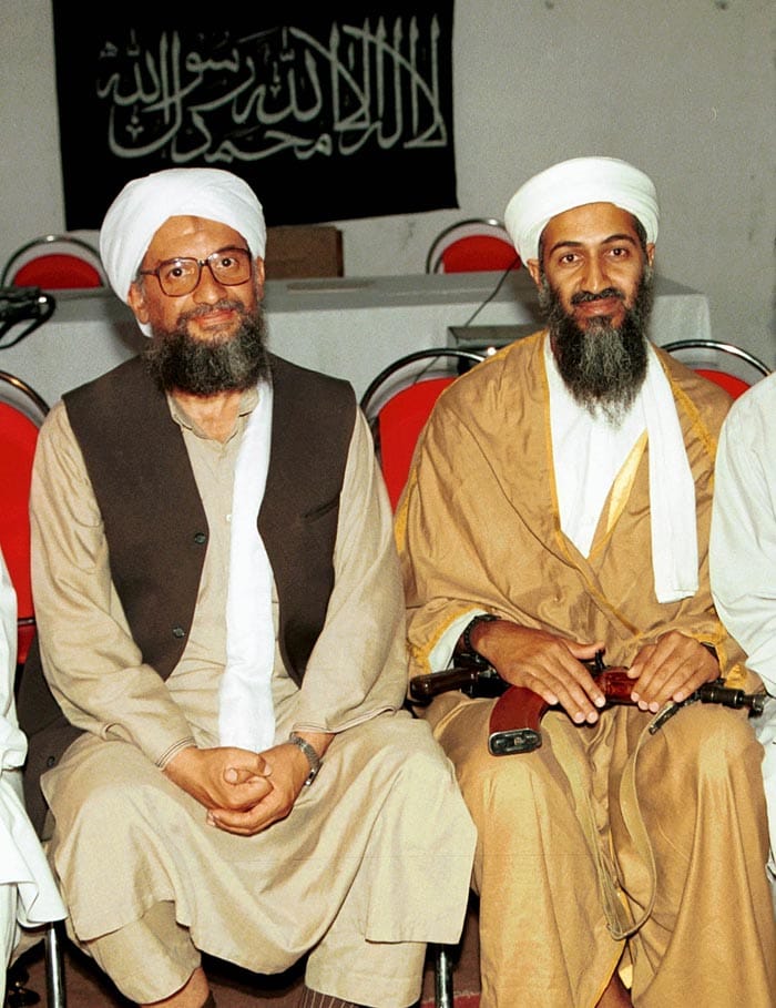 In this 1998 file photo, Ayman al-Zawahri, left, poses for a photograph with Osama bin Laden, right, taken in Khost, Afghanistan and made available Friday March 19, 2004. (AP Photo/Mazhar Ali Khan, File)