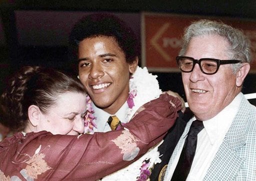 <b>Celebration time:</b> This photo provided by the presidential campaign of Barack Obama, D-Ill., shows the US President, Barack Obama, in 1979 during his high school graduation in Hawaii with his maternal grandparents, Stanley Armour Dunham and his wife Madelyn Payne, both natives of Kansas.