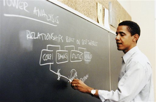 <b>A preacher:</b> This photo released by Obama for America shows a Barack Obama teaching at the University of Chicago Law School. After Harvard Law School, Obama  returned to Chicago, joined a small civil rights firm, ran a voter registration drive, and lectured on constitutional law at the University of Chicago Law School.