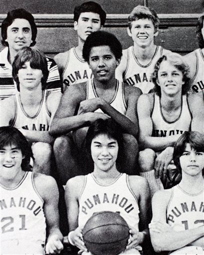 <b>The players:</b> In this 1977 file photo provided by the The Oahuan, yearbook of Punahou School, Barack Obama, second row center, is seen with is junior varsity basketball team in this 1977 yearbook class photo in Honolulu. Obama loved basketball and as a forward dubbed Barry O'Bomber, he favored a left-handed double pump shot. During his senior year, the varsity team captured the state championship.