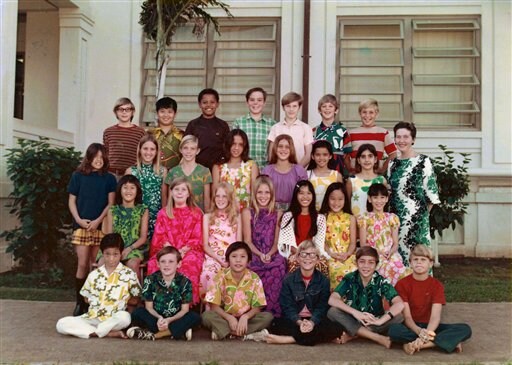 <b>With buddies:</b> This 1972 photo provided by Na Opio, the yearbook of Punahou School, shows Barack Obama, in back row, third from left, posing with his 5th grade class at the Punahou Elementary School a prestigious private school in Honolulu that attracts the island's wealthiest, and most accomplished students.