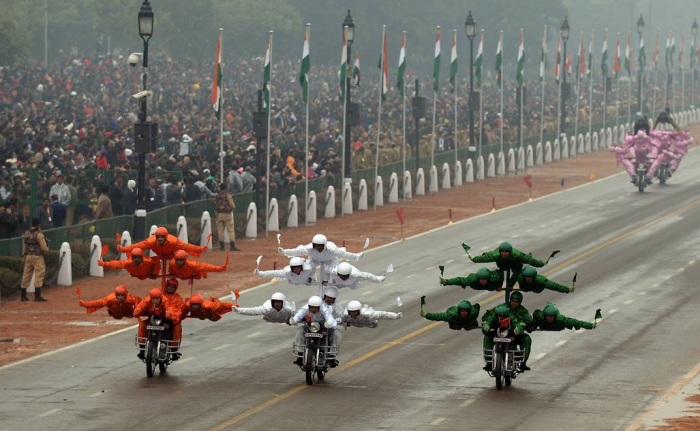 BSF Jawans put together a daredevil act on motorcycles during the parade.