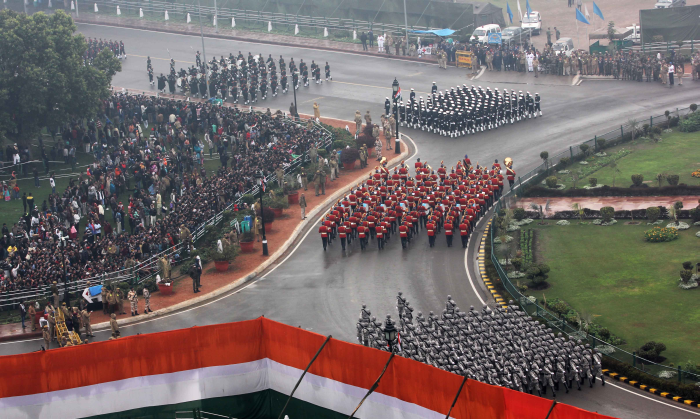 Various contingents of the Indian security forces march on, during the parade.