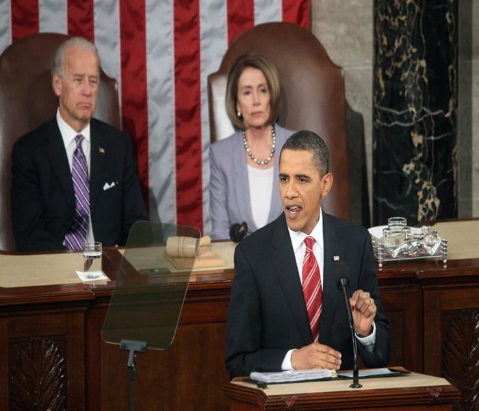 President Barack Obama vowed not to give up on his ambitious legislative agenda, using his first State of the Union address to chastise Republicans for working in lock-step against him and to warn Democrats to stiffen their political spines.(NYT Photo)