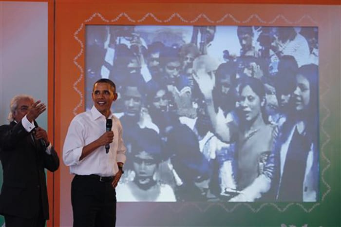 After a short introduction by National Knowledge Commission chairman Sam Pitroda, Obama spoke to the villagers who shared the benefits of broadband penetration - from online medical consultation, education and local e-governance. (AP Photo)