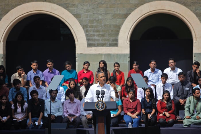 U.S. President Barack Obama speaks during a town-hall style meeting with students at St. Xavier's College in Mumbai. (AP Photo)