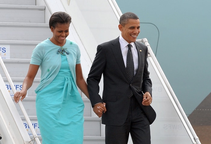 The Air Force One carrying Obama, his wife Michelle and the official delegation touched down at the Delhi Airport at 3.19 pm. (AFP Photo)