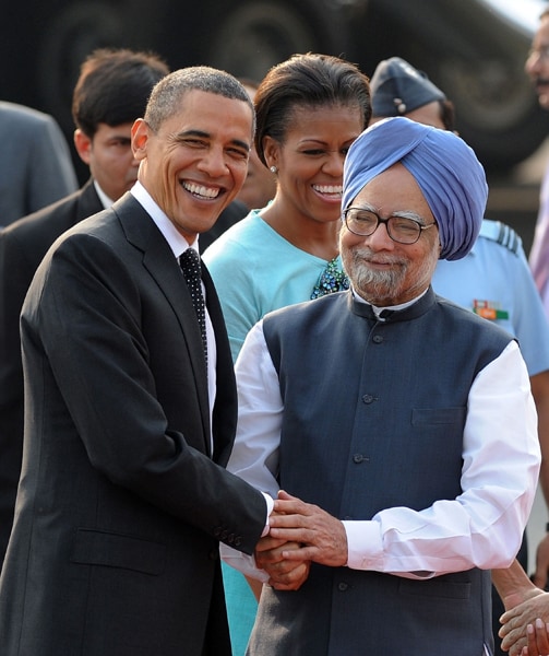 During his two-day stay in Delhi, Obama had a hectic schedule including a ceremonial welcome at Rashtrapati Bhavan, visit to Rajghat and Humayun's Tomb and other engagements such as his talks with Prime Minister Manmohan Singh and his address to Parliament. (AFP Photo)