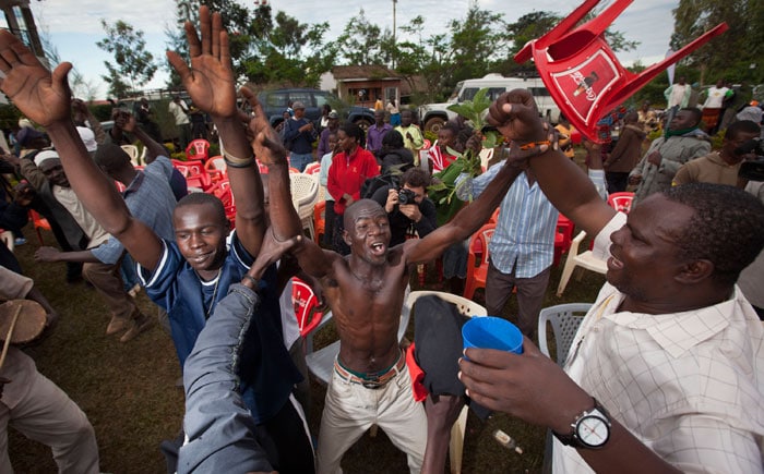 Celebrations in the village of Kogelo in western Kenya, home to the President's grandmother Sarah Obama.