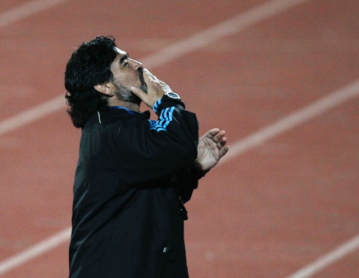 <b>COULDN'T RESIST ANOTHER: </b>When its Maradona...the fans want more!! (AP Photo)