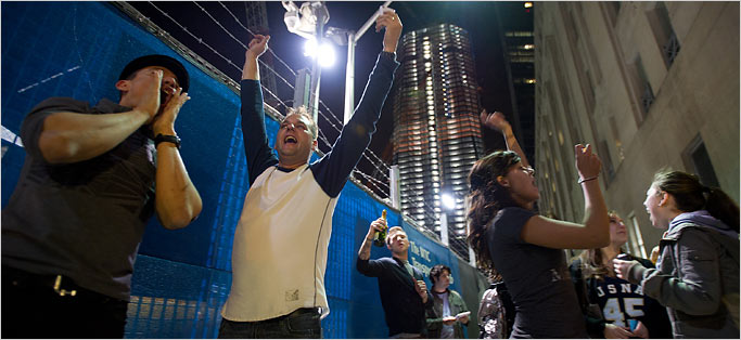 In the shadow of the World Trade Center site, the news of bin Laden's killing spread. (Photo courtesy: New York Times)