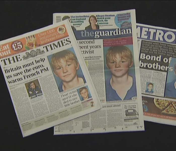 <b>Bond of brothers:</b> Let's begin with one tale has captured everyone's attention in the midst of widespread flooding. That of a 13-year-old boy caught in the flood who told strangers to save his 10-year-old brother first and died as a result. Jordan has been hailed as a hero on the front pages of papers after making this astounding sacrifice. (AP Photo)
