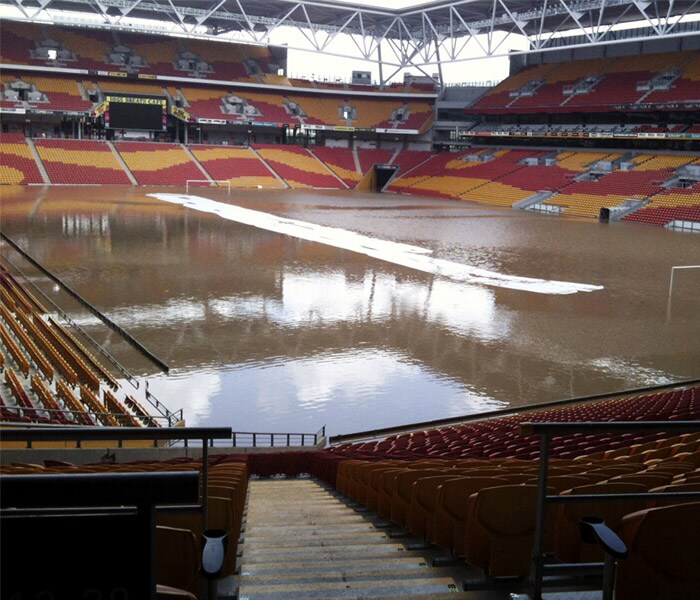 <b>Pools of flood water:</b> In this Wednesday, Jan. 12, 2011 photo made available Friday, Jan. 14, floodwater turns Brisbane's Suncorp Stadium into a giant pool. Parts of Brisbane reopen as deadly floodwaters that had swamped entire neighborhoods recede, revealing streets and thousands of homes covered in a thick layer of putrid sludge. (AP Photo)