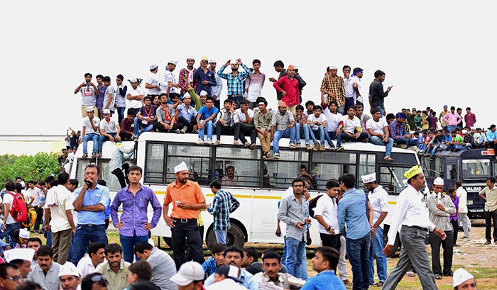 Mass gathering of community members at the meeting and mega rally organised by the Patel (Patidar) community to press for their demands of reservation, at the GMDC ground in Ahmedabad on Tuesday.