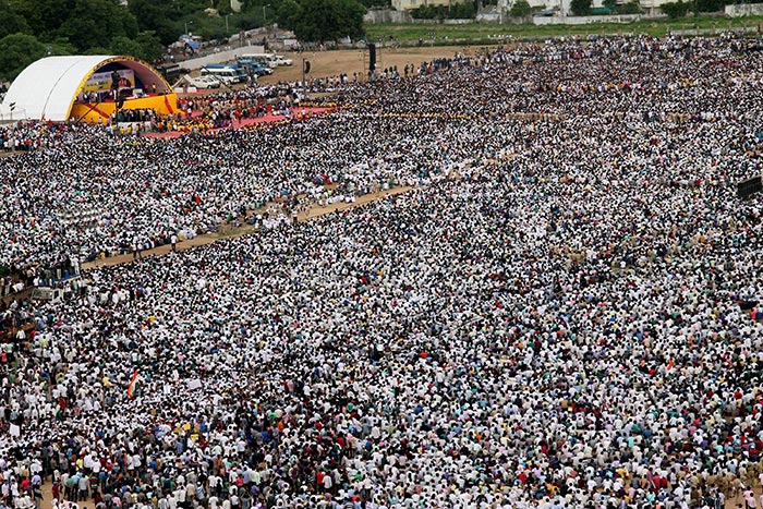 Huge gathering of community members at the meeting and mega rally organised by the Patel (Patidar) community to press for their demands of reservation, at the GMDC ground in Ahmedabad on Tuesday.