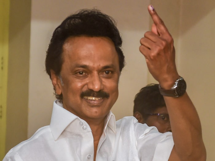 DMK President MK Stalin shows his finger marked with indelible ink after casting vote for the second phase of the general elections, at a polling station in Chennai.