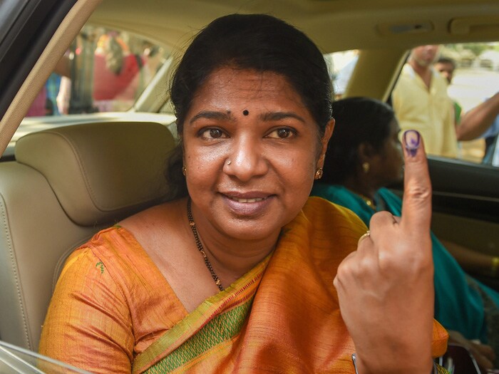 DMK candidate for the Tuticorin Lok Sabha seat, Kanimozhi Karunanidhi, shows her finger marked with indelible ink after casting vote during the second phase of the general elections, at a polling station in Chennai.