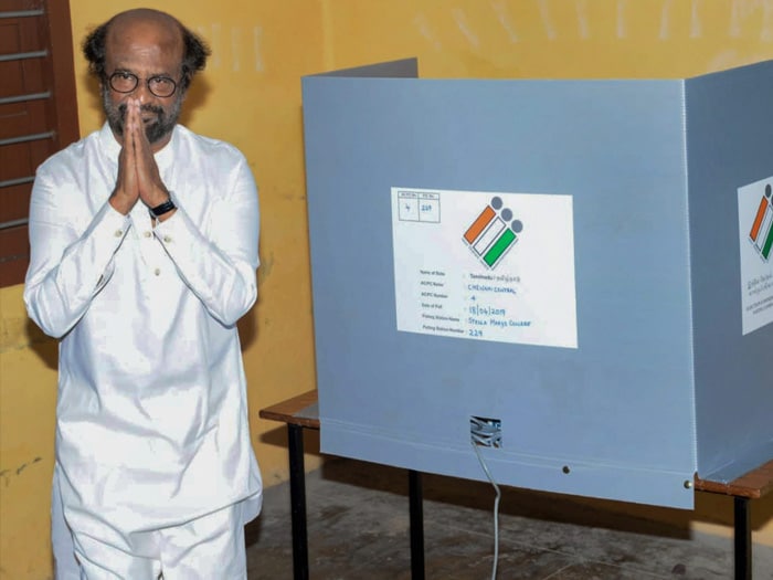 Actor-turned-politician Rajinikanth after casting vote for the second phase of the general elections, at a polling station in Chennai.