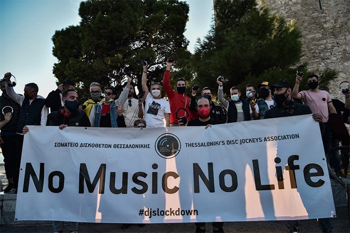 DJs demonstrate against new restrictive measures against Covid-19 , in Thessaloniki, Greece.