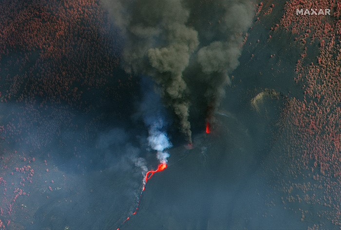 Color infrared satellite image released by Maxar Technologies shows a closer view of main fissures and eruption of La Cumbre Vieja volcano in La Palma in the Canary Islands, Spain.