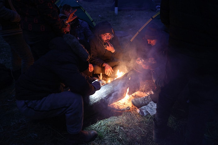 Migrants set up a camp at the Bruzgi border post on the Belarusian-Polish border.